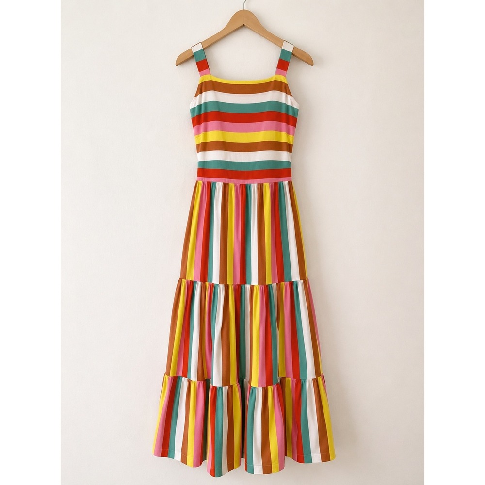 J Crew Rainbow Stripe Cotton Tiered Maxi Dress Sleeveless Resort Boho S